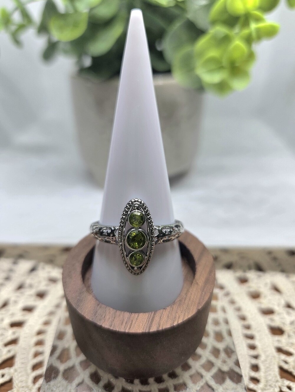Three-Stone Green Peridot Accent Sterling Ring